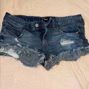 Express Blue Jean Short Shorts with Distressed Cut-Off Design